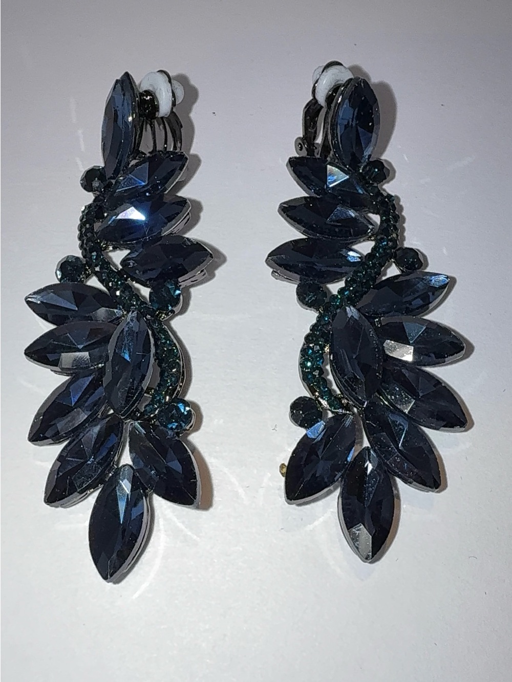 Navy Blue Crystal Marquise Flower Chandelier Clip-On Dangle Earrings